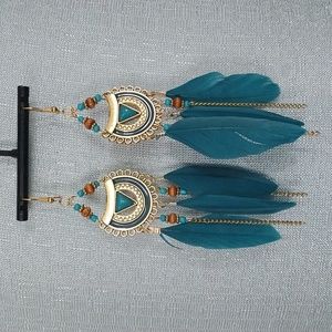 Boho Long Feather  Beads Turquoise  Earrings.